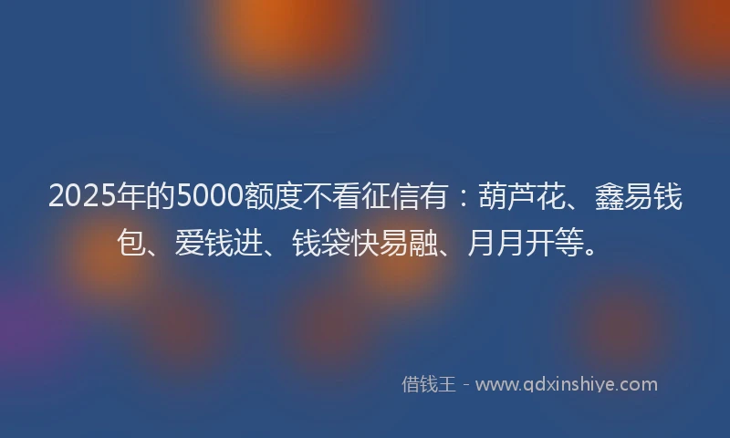 2025年的5000额度不看征信有：葫芦花、鑫易钱包、爱钱进、钱袋快易融、月月开等。