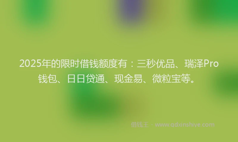 2025年的限时借钱额度有:三秒优品、瑞泽Pro钱包、日日贷通、现金易、微粒宝等。