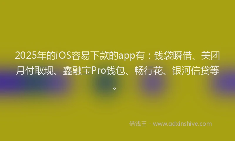 2025年的iOS容易下款的app有：钱袋瞬借、美团月付取现、鑫融宝Pro钱包、畅行花、银河信贷等。
