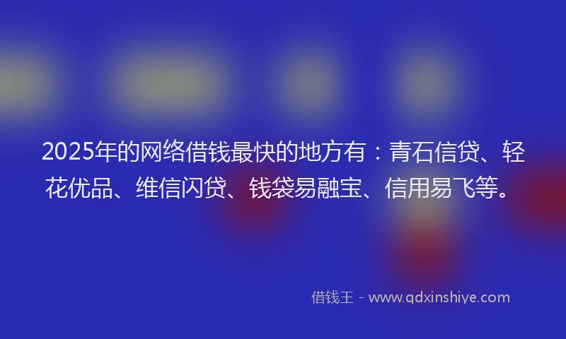2025年的网络借钱最快的地方有：青石信贷、轻花优品、维信闪贷、钱袋易融宝、信用易飞等。