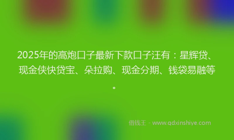 2025年的高炮口子最新下款口子汪有:星辉贷、现金侠快贷宝、朵拉购、现金分期、钱袋易融等。