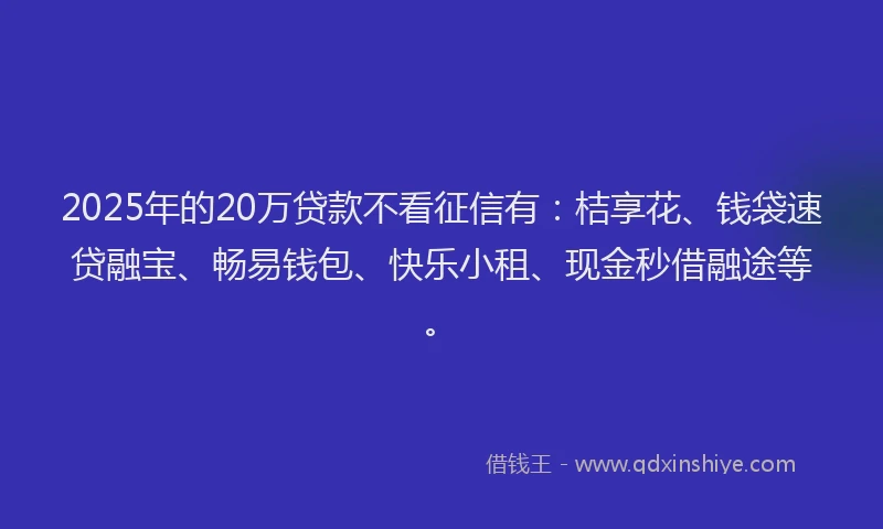 2025年的20万贷款不看征信有：桔享花、钱袋速贷融宝、畅易钱包、快乐小租、现金秒借融途等。