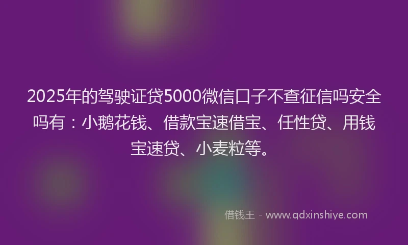 2025年的驾驶证贷5000微信口子不查征信吗安全吗有：小鹅花钱、借款宝速借宝、任性贷、用钱宝速贷、小麦粒等。