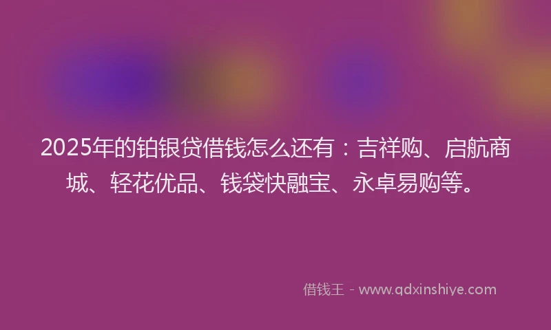 2025年的铂银贷借钱怎么还有：吉祥购、启航商城、轻花优品、钱袋快融宝、永卓易购等。