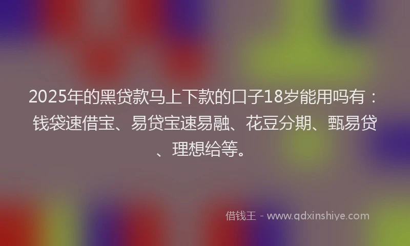 2025年的黑贷款马上下款的口子18岁能用吗有：钱袋速借宝、易贷宝速易融、花豆分期、甄易贷、理想给等。