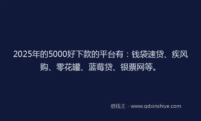2025年的5000好下款的平台有：钱袋速贷、疾风购、零花罐、蓝莓贷、银票网等。