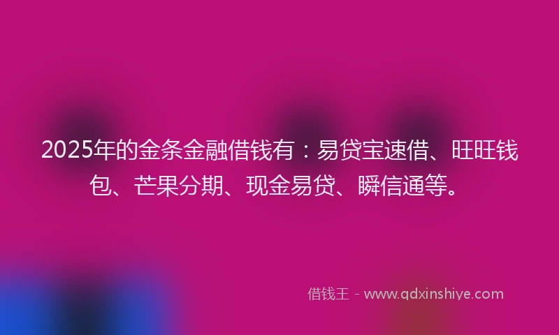 2025年的金条金融借钱有:易贷宝速借、旺旺钱包、芒果分期、现金易贷、瞬信通等。
