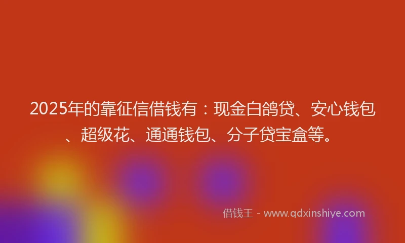 2025年的靠征信借钱有：现金白鸽贷、安心钱包、超级花、通通钱包、分子贷宝盒等。