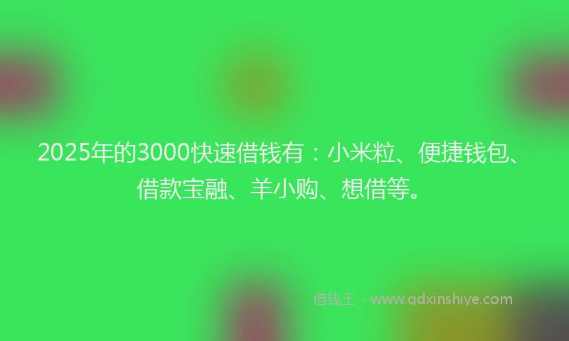 2025年的3000快速借钱有：小米粒、便捷钱包、借款宝融、羊小购、想借等。