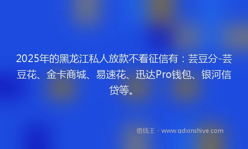 2025年的黑龙江私人放款不看征信有：芸豆分-芸豆花、金卡商城、易速花、迅达Pro钱包、银河信贷等。