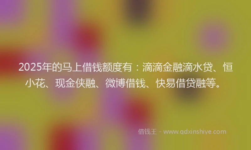 2025年的马上借钱额度有:滴滴金融滴水贷、恒小花、现金侠融、微博借钱、快易借贷融等。