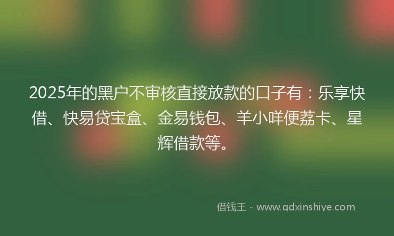 2025年的黑户不审核直接放款的口子有:乐享快借、快易贷宝盒、金易钱包、羊小咩便荔卡、星辉借款等。