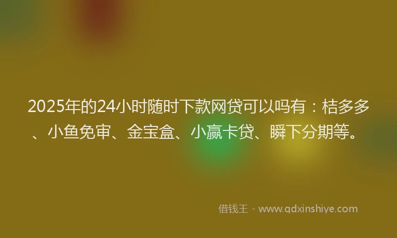 2025年的24小时随时下款网贷可以吗有：桔多多、小鱼免审、金宝盒、小赢卡贷、瞬下分期等。