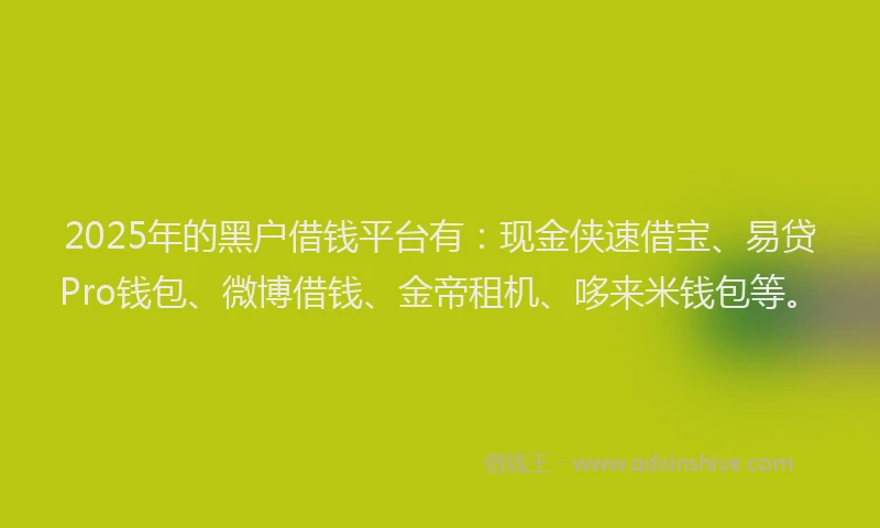 2025年的黑户借钱平台有：现金侠速借宝、易贷Pro钱包、微博借钱、金帝租机、哆来米钱包等。