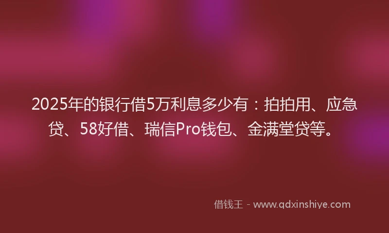 2025年的银行借5万利息多少有：拍拍用、应急贷、58好借、瑞信Pro钱包、金满堂贷等。