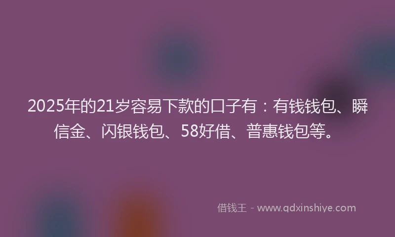 2025年的21岁容易下款的口子有：有钱钱包、瞬信金、闪银钱包、58好借、普惠钱包等。