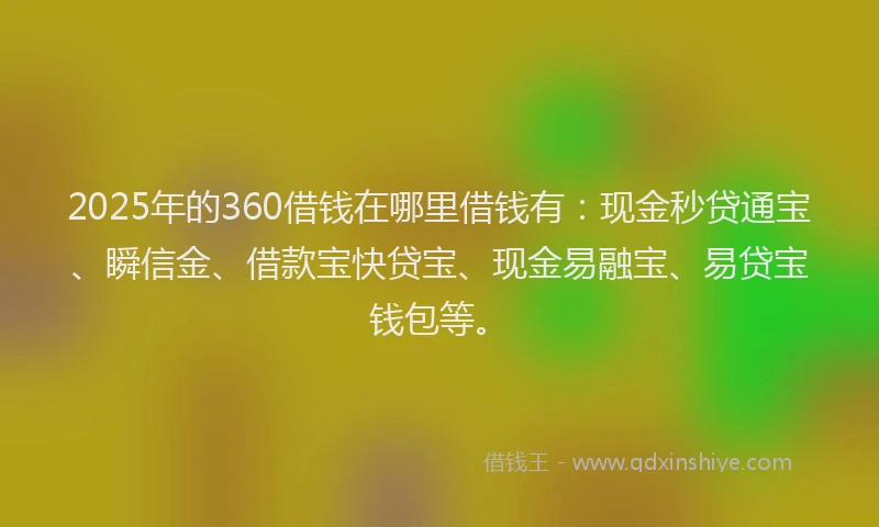 2025年的360借钱在哪里借钱有：现金秒贷通宝、瞬信金、借款宝快贷宝、现金易融宝、易贷宝钱包等。