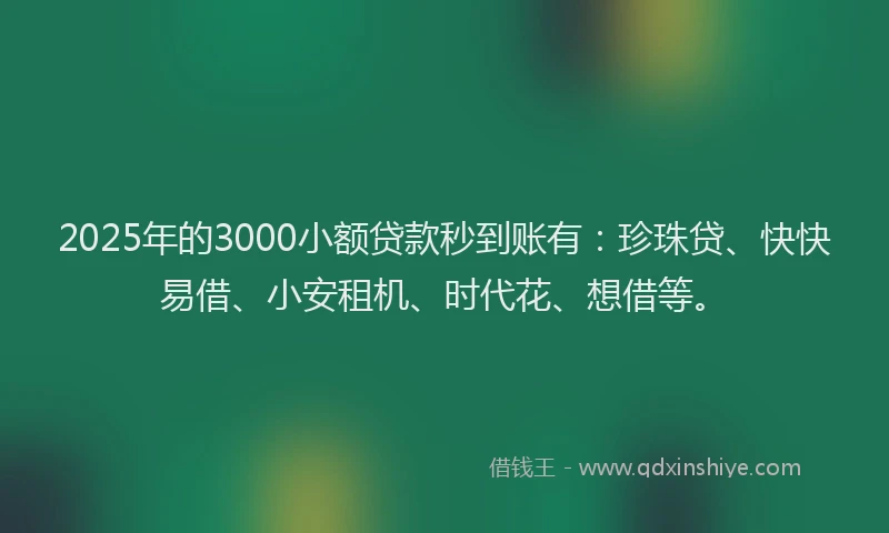 2025年的3000小额贷款秒到账有：珍珠贷、快快易借、小安租机、时代花、想借等。