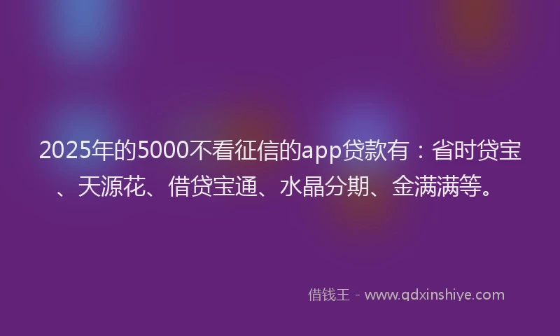 2025年的5000不看征信的app贷款有：省时贷宝、天源花、借贷宝通、水晶分期、金满满等。