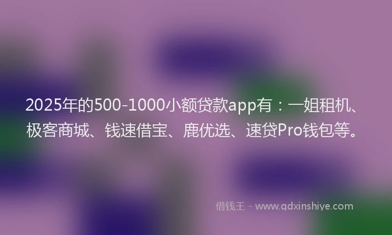 2025年的500-1000小额贷款app有：一姐租机、极客商城、钱速借宝、鹿优选、速贷Pro钱包等。