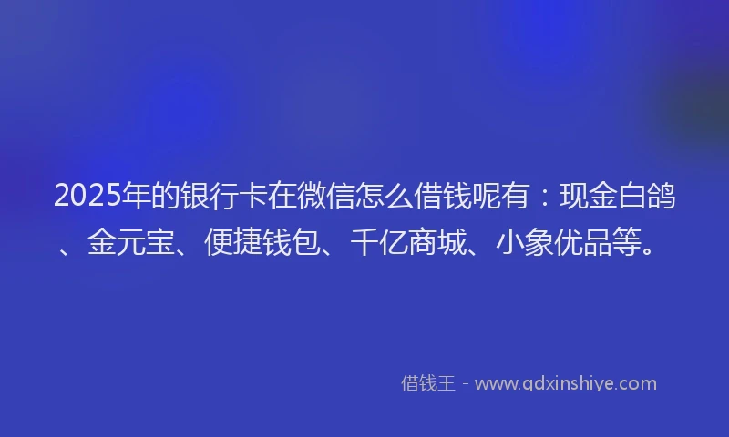 2025年的银行卡在微信怎么借钱呢有:现金白鸽、金元宝、便捷钱包、千亿商城、小象优品等。