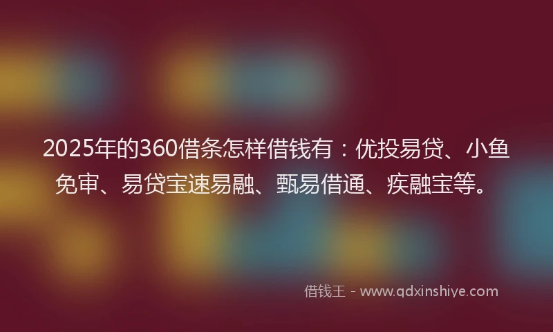 2025年的360借条怎样借钱有：优投易贷、小鱼免审、易贷宝速易融、甄易借通、疾融宝等。