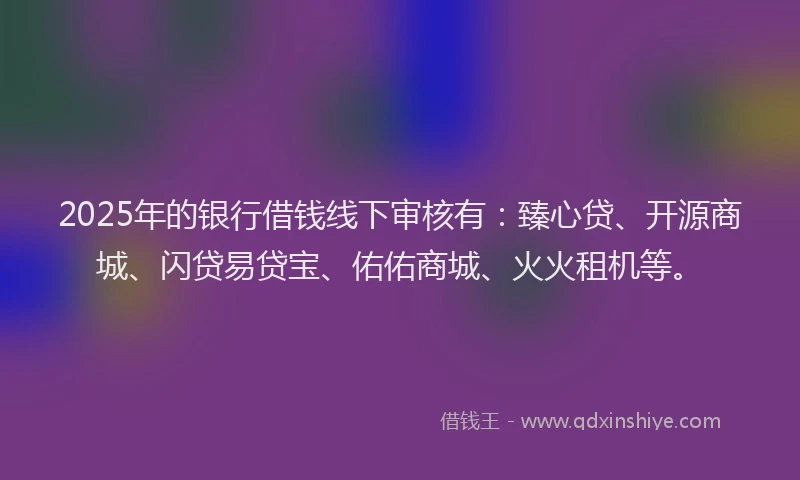 2025年的银行借钱线下审核有:臻心贷、开源商城、闪贷易贷宝、佑佑商城、火火租机等。