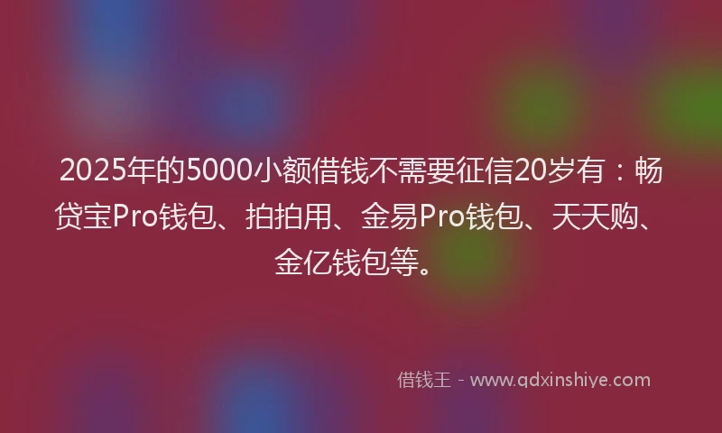 2025年的5000小额借钱不需要征信20岁有:畅贷宝Pro钱包、拍拍用、金易Pro钱包、天天购、金亿钱包等。