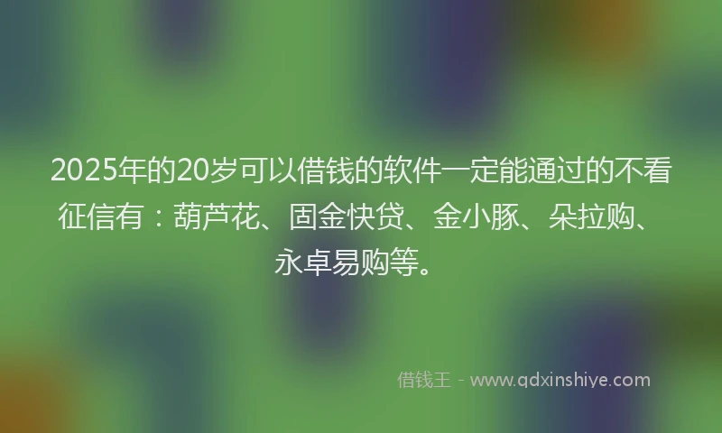 2025年的20岁可以借钱的软件一定能通过的不看征信有：葫芦花、固金快贷、金小豚、朵拉购、永卓易购等。