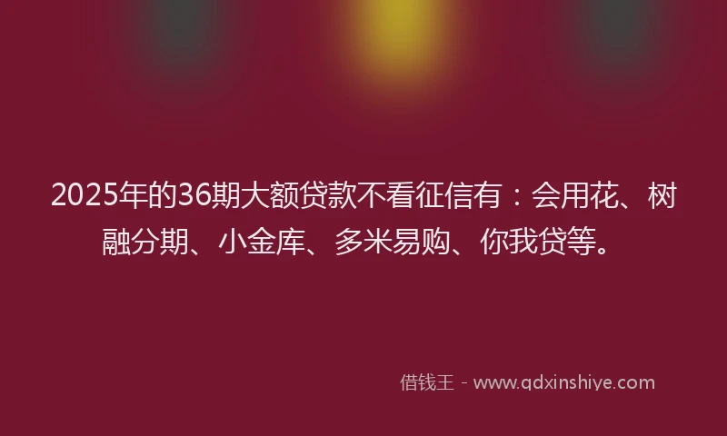 2025年的36期大额贷款不看征信有：会用花、树融分期、小金库、多米易购、你我贷等。