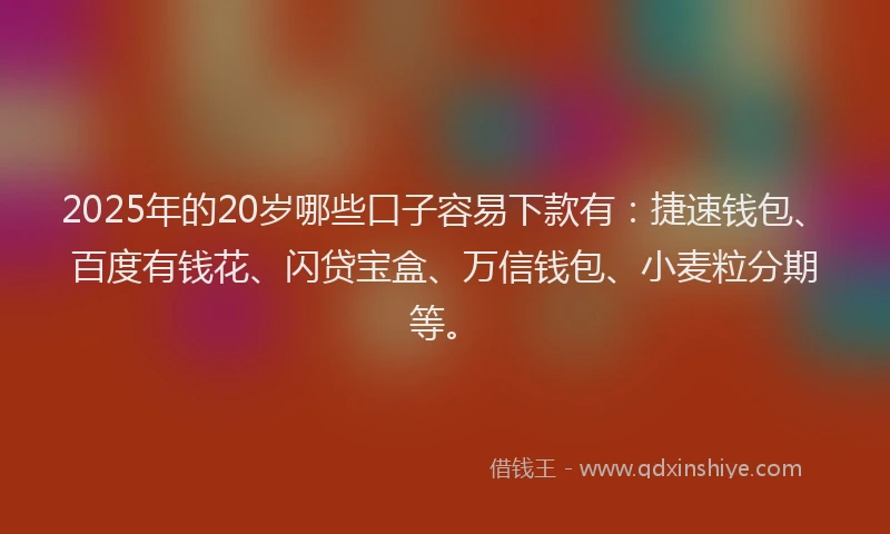 2025年的20岁哪些口子容易下款有：捷速钱包、百度有钱花、闪贷宝盒、万信钱包、小麦粒分期等。