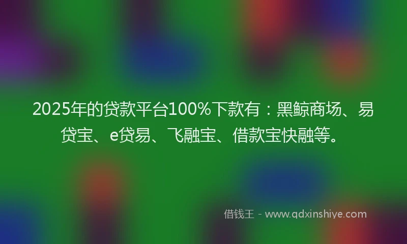 2025年的贷款平台100%下款有：黑鲸商场、易贷宝、e贷易、飞融宝、借款宝快融等。