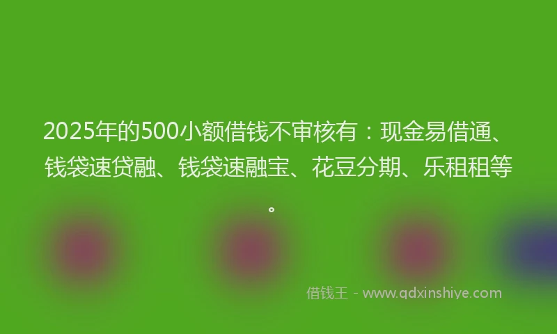2025年的500小额借钱不审核有：现金易借通、钱袋速贷融、钱袋速融宝、花豆分期、乐租租等。