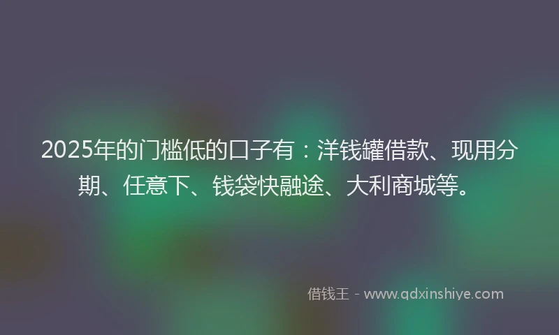 2025年的门槛低的口子有:洋钱罐借款、现用分期、任意下、钱袋快融途、大利商城等。