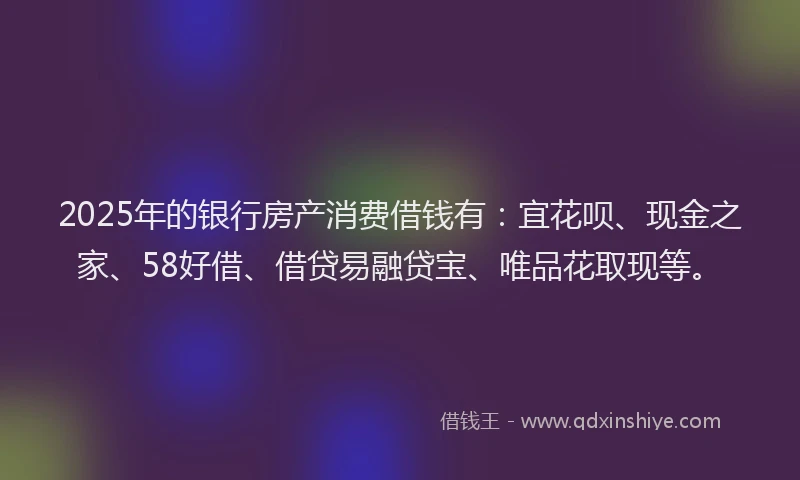2025年的银行房产消费借钱有：宜花呗、现金之家、58好借、借贷易融贷宝、唯品花取现等。