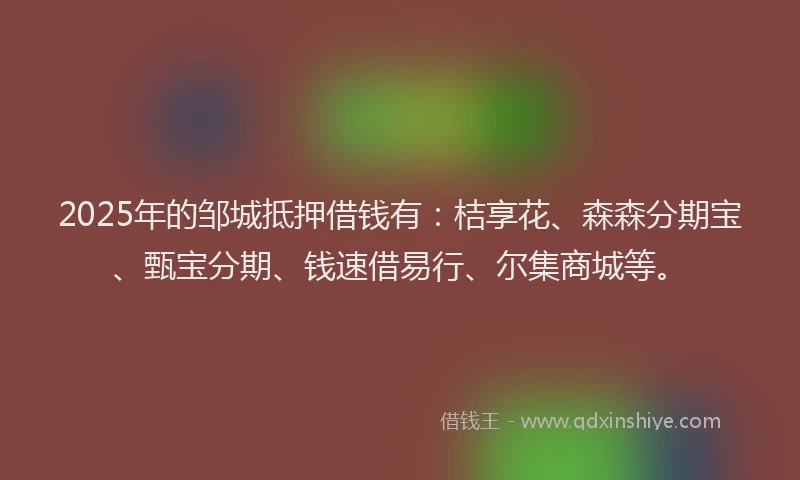 2025年的邹城抵押借钱有：桔享花、森森分期宝、甄宝分期、钱速借易行、尔集商城等。