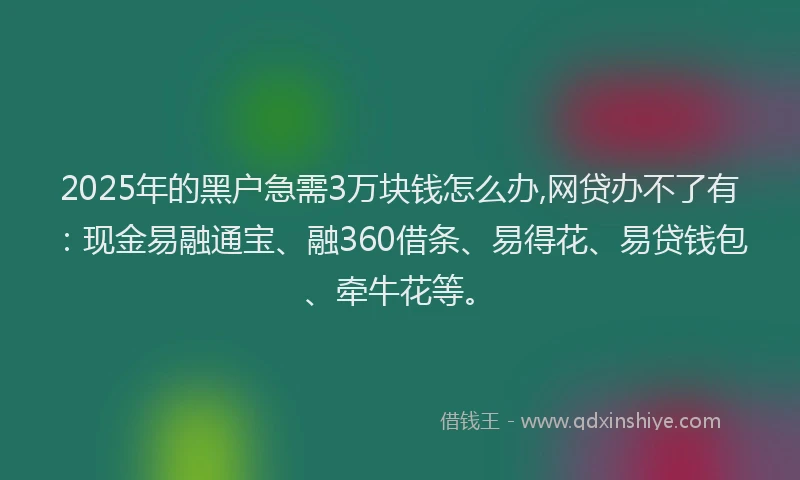 2025年的黑户急需3万块钱怎么办,网贷办不了有：现金易融通宝、融360借条、易得花、易贷钱包、牵牛花等。