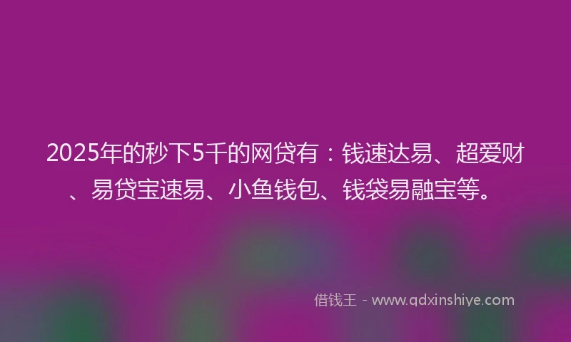 2025年的秒下5千的网贷有：钱速达易、超爱财、易贷宝速易、小鱼钱包、钱袋易融宝等。