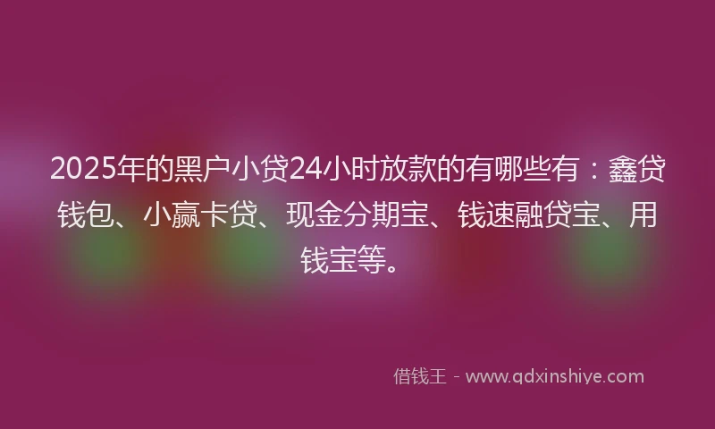 2025年的黑户小贷24小时放款的有哪些有：鑫贷钱包、小赢卡贷、现金分期宝、钱速融贷宝、用钱宝等。