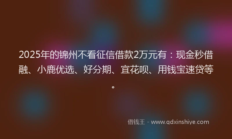 2025年的锦州不看征信借款2万元有：现金秒借融、小鹿优选、好分期、宜花呗、用钱宝速贷等。