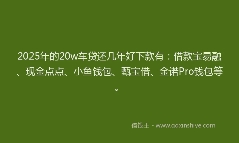 2025年的20w车贷还几年好下款有：借款宝易融、现金点点、小鱼钱包、甄宝借、金诺Pro钱包等。
