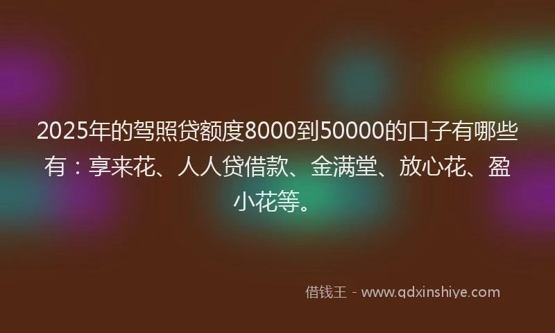 2025年的驾照贷额度8000到50000的口子有哪些有：享来花、人人贷借款、金满堂、放心花、盈小花等。