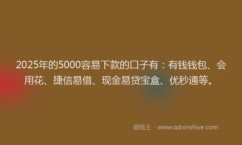 2025年的5000容易下款的口子有：有钱钱包、会用花、捷信易借、现金易贷宝盒、优秒通等。