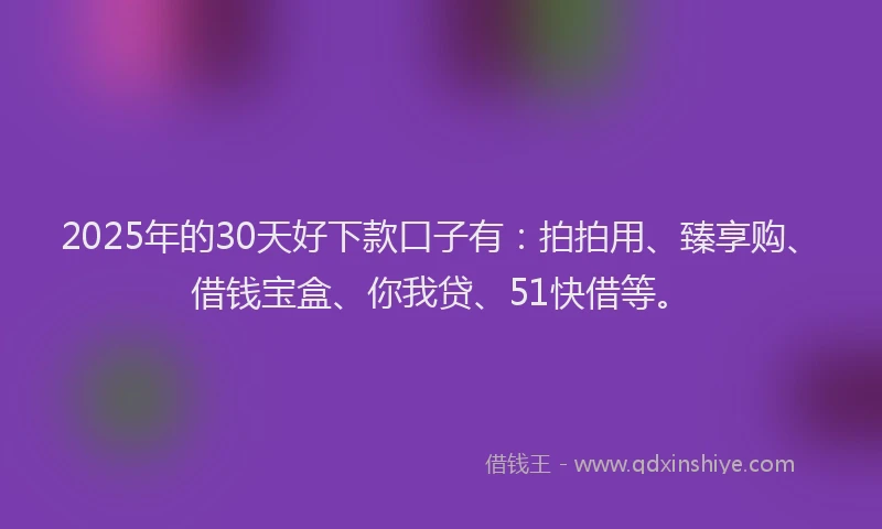 2025年的30天好下款口子有：拍拍用、臻享购、借钱宝盒、你我贷、51快借等。