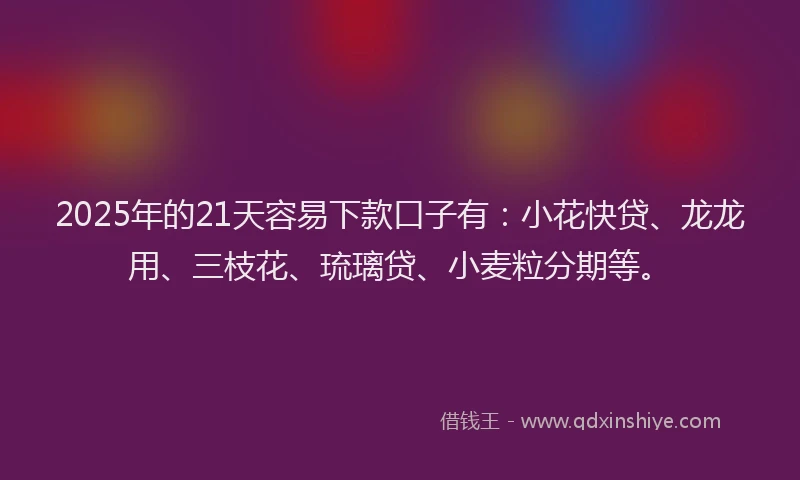 2025年的21天容易下款口子有：小花快贷、龙龙用、三枝花、琉璃贷、小麦粒分期等。