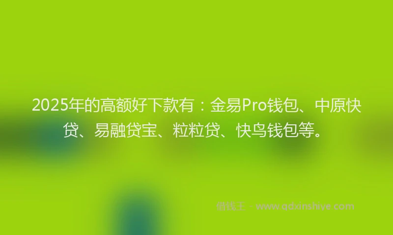 2025年的高额好下款有：金易Pro钱包、中原快贷、易融贷宝、粒粒贷、快鸟钱包等。