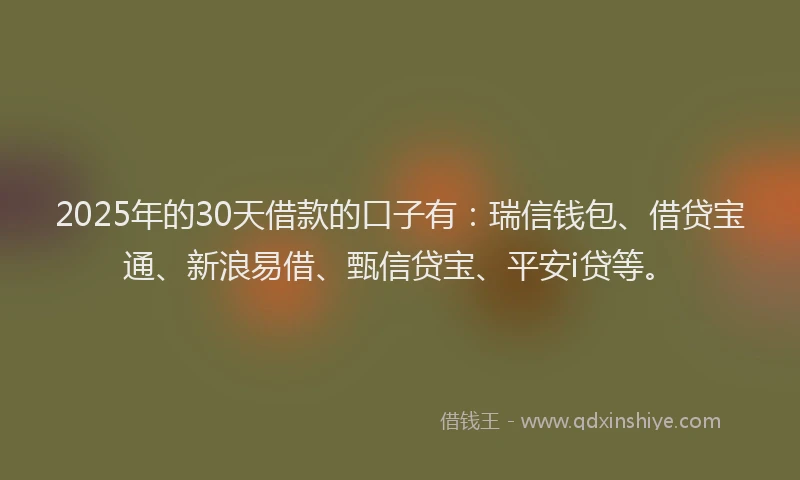 2025年的30天借款的口子有：瑞信钱包、借贷宝通、新浪易借、甄信贷宝、平安i贷等。