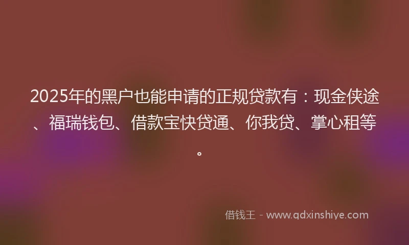 2025年的黑户也能申请的正规贷款有：现金侠途、福瑞钱包、借款宝快贷通、你我贷、掌心租等。