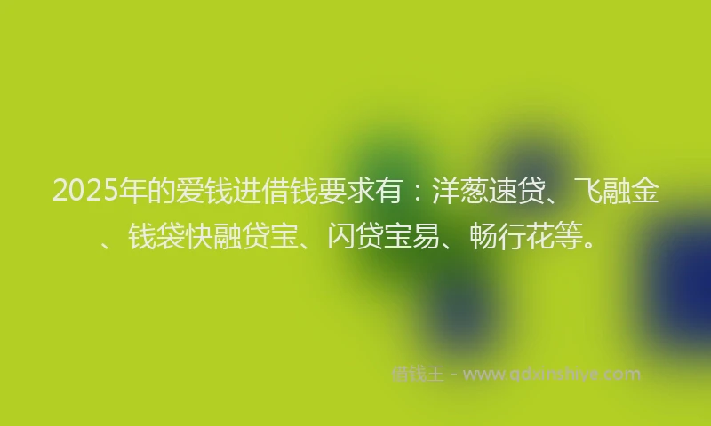 2025年的爱钱进借钱要求有：洋葱速贷、飞融金、钱袋快融贷宝、闪贷宝易、畅行花等。
