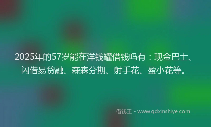 2025年的57岁能在洋钱罐借钱吗有：现金巴士、闪借易贷融、森森分期、射手花、盈小花等。